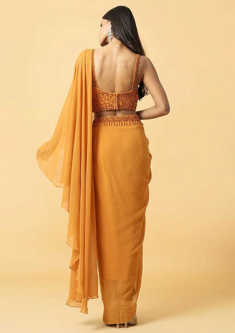 Golden Yellow Hand Work Embellished Pre Draped Saree Set - Indya