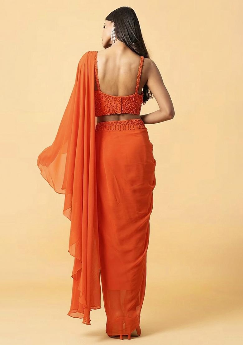 Bright Orange Hand Work Embellished Pre Draped Saree Set - Indya