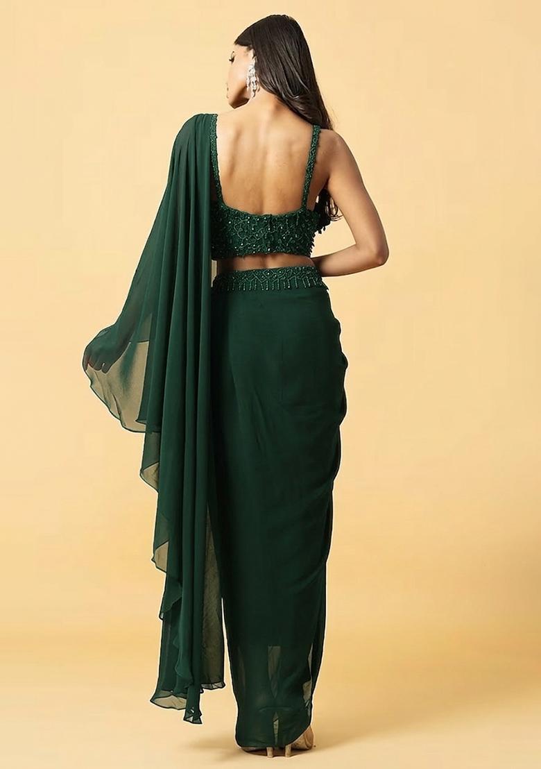 Green Hand Work Embellished Pre Draped Saree Set - Indya