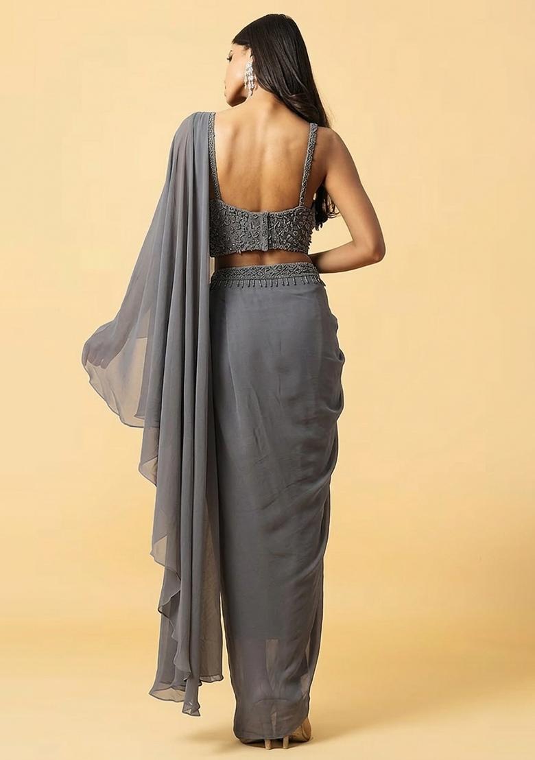 Grey Hand Work Embellished Pre Draped Saree Set - Indya