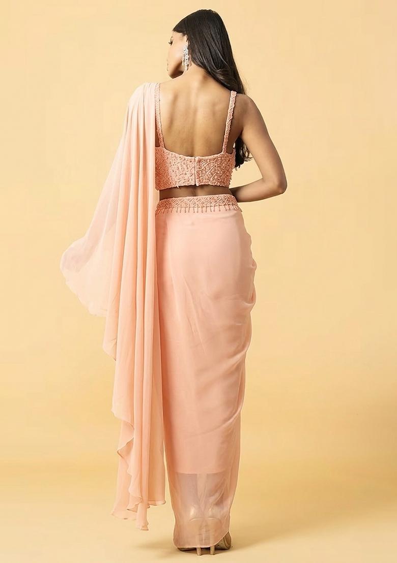 Light Peach Hand Work Embellished Pre Draped Saree Set - Indya