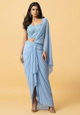 Light Blue Hand Work Embellished Pre Draped Saree Set