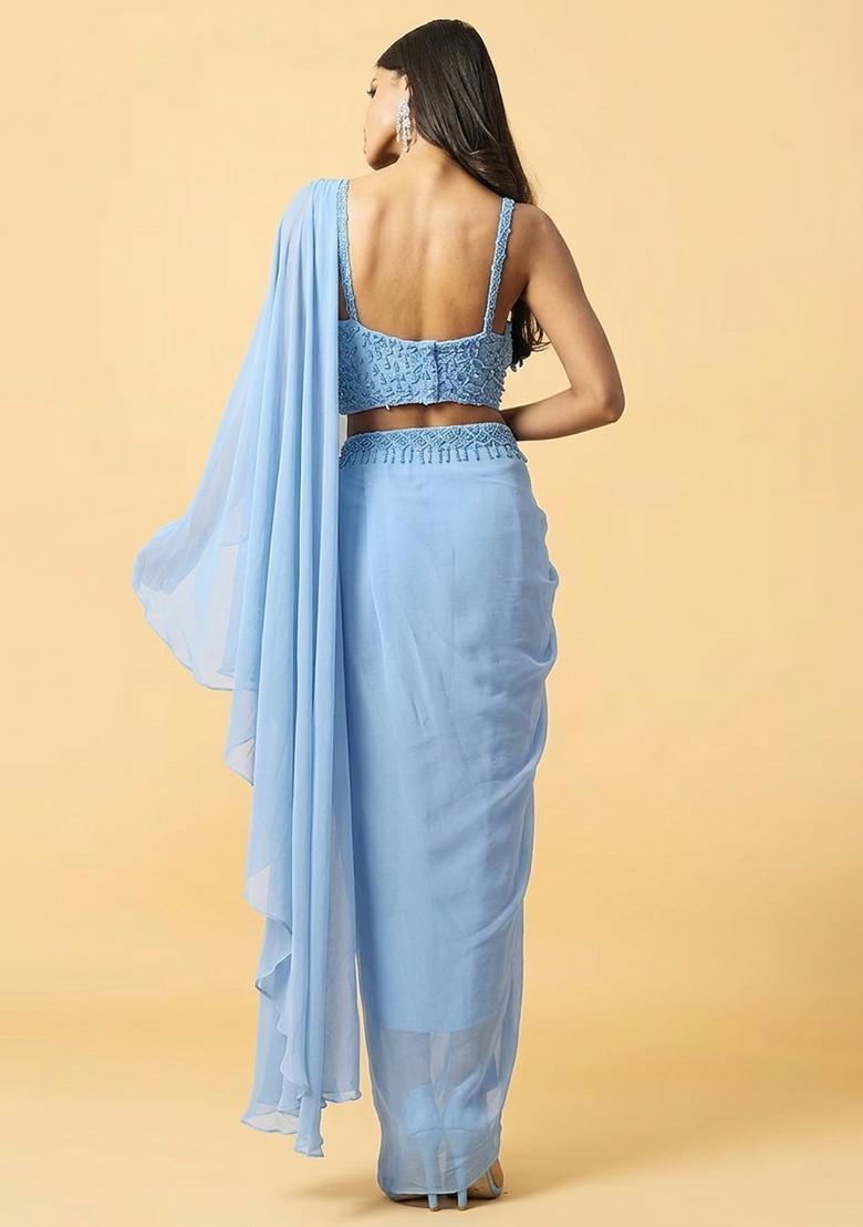 Light Blue Hand Work Embellished Pre Draped Saree Set - Indya