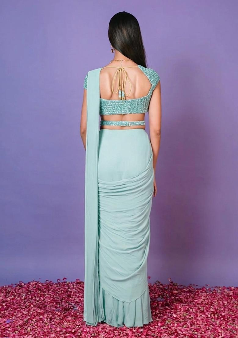 Light Blue Hand Work Embellished Pre Draped Saree Set - Indya