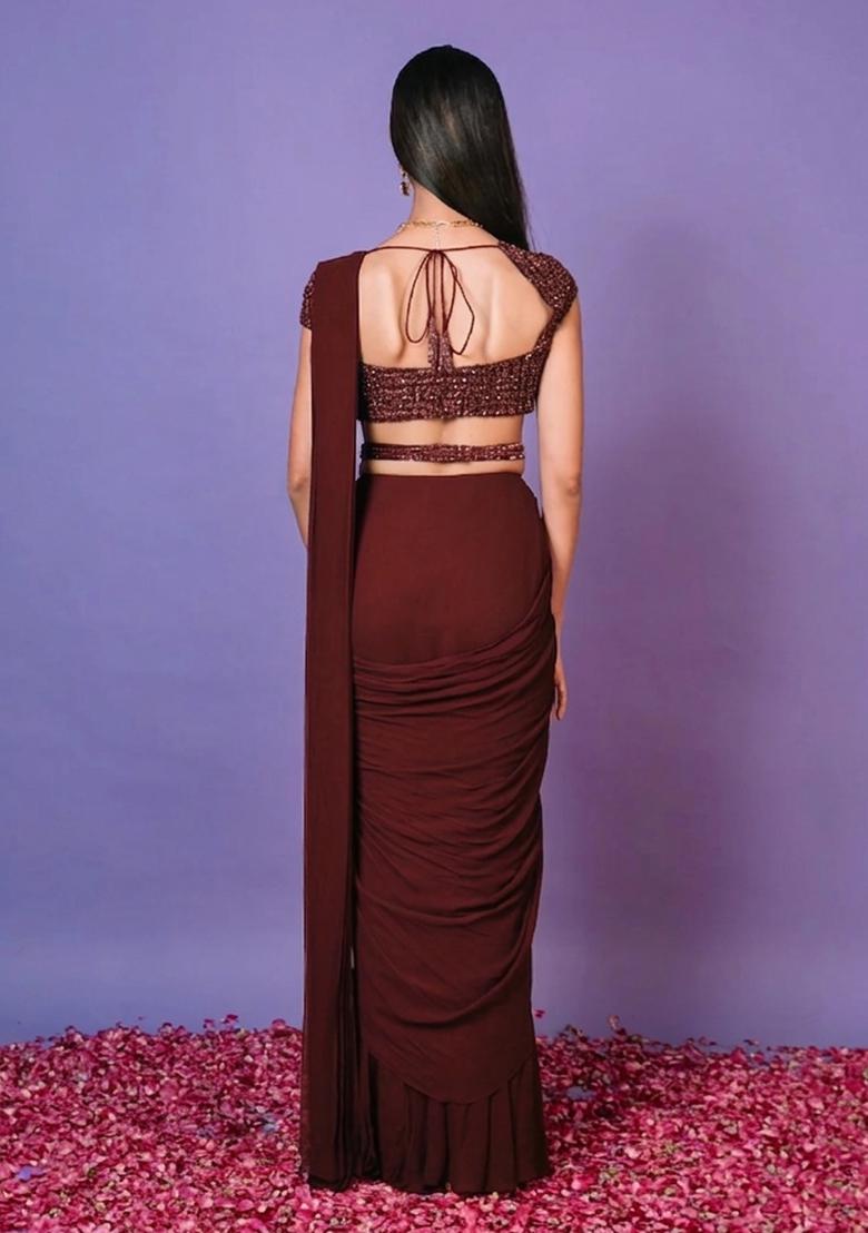 Brick Red Hand Work Embellished Pre Draped Saree Set - Indya