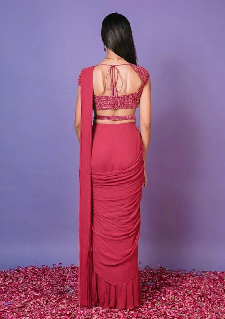 Pink Hand Work Embellished Pre Draped Saree Set - Indya