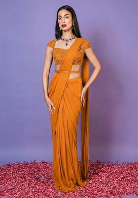 Coral Hand Work Embellished Pre Draped Saree Set