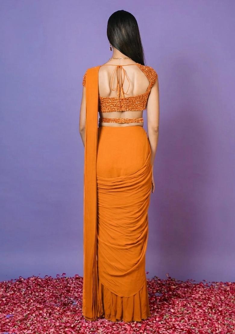Coral Hand Work Embellished Pre Draped Saree Set - Indya