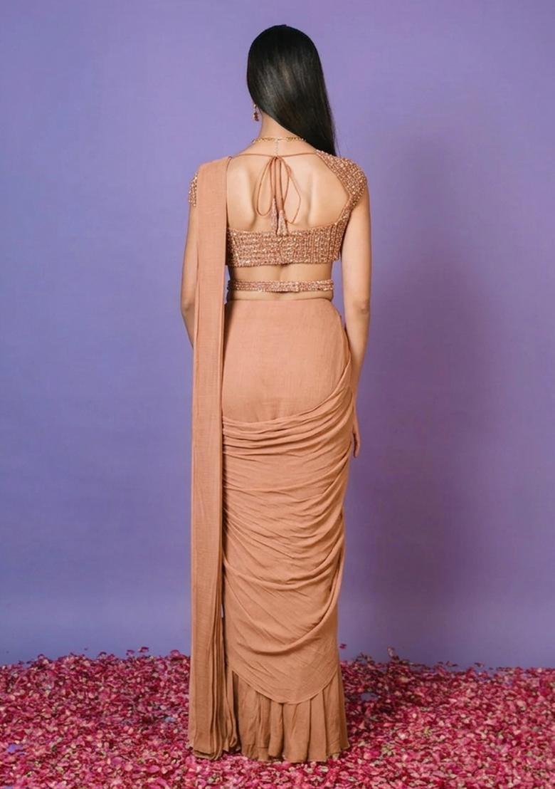 Peach Hand Work Embellished Pre Draped Saree Set - Indya