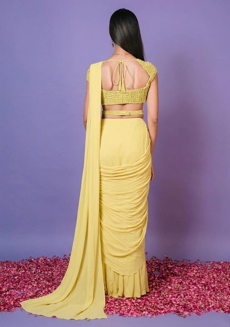 Yellow Hand Work Embellished Pre Draped Saree Set - Indya