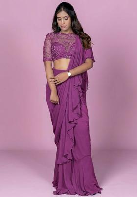 Mauve Hand Work Embellished Pre Draped Saree Set