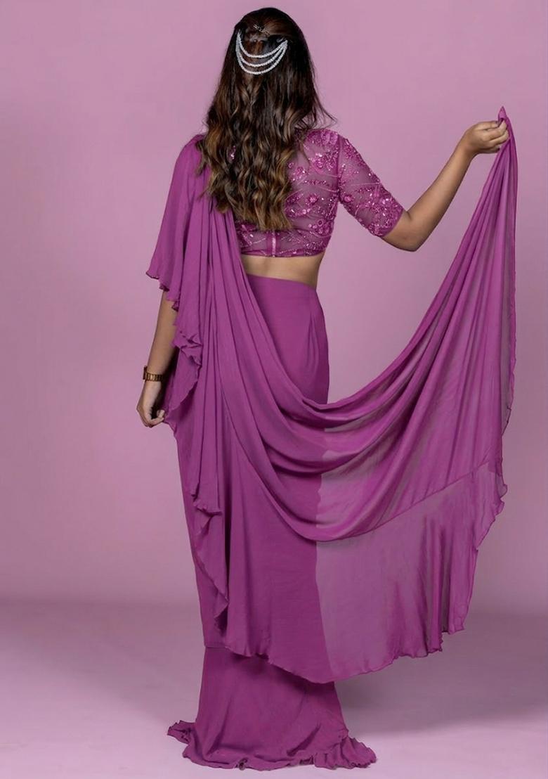 Mauve Hand Work Embellished Pre Draped Saree Set - Indya
