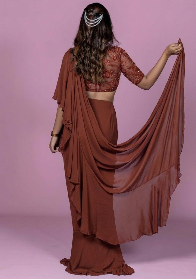 Brown Hand Work Embellished Pre Draped Saree Set - Indya