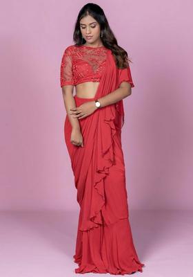 Bright Pink Hand Work Embellished Pre Draped Saree Set