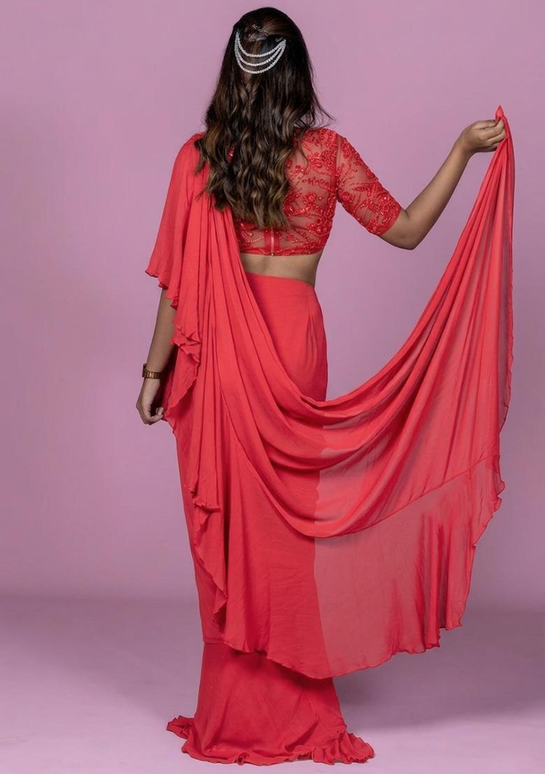 Bright Pink Hand Work Embellished Pre Draped Saree Set - Indya