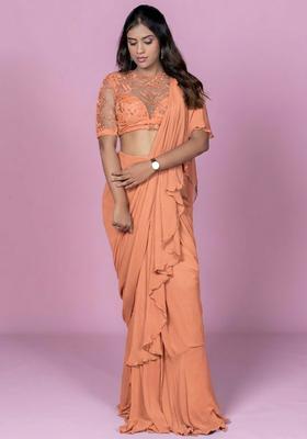 Peach Hand Work Embellished Pre Draped Saree Set