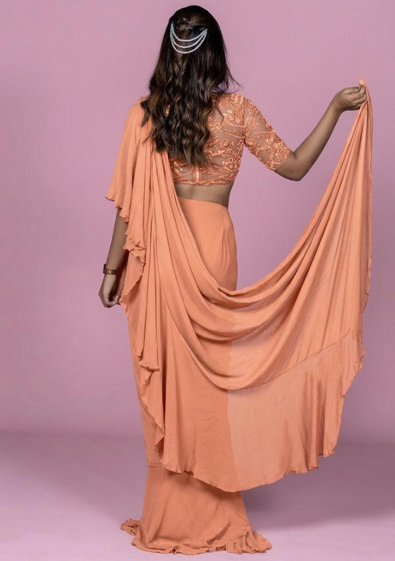 Peach Hand Work Embellished Pre Draped Saree Set - Indya