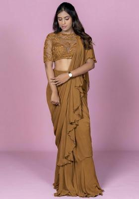 Mustard Yellow Hand Work Embellished Pre Draped Saree Set