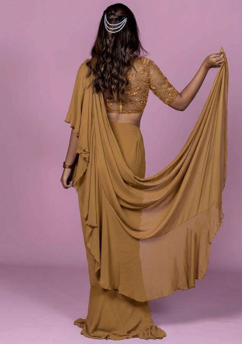 Mustard Yellow Hand Work Embellished Pre Draped Saree Set - Indya