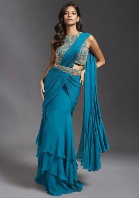 Ocean Blue Hand Work Embroidered Pre Draped Saree Set