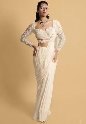 Cream Hand Work Embellished Pre Draped Saree Set