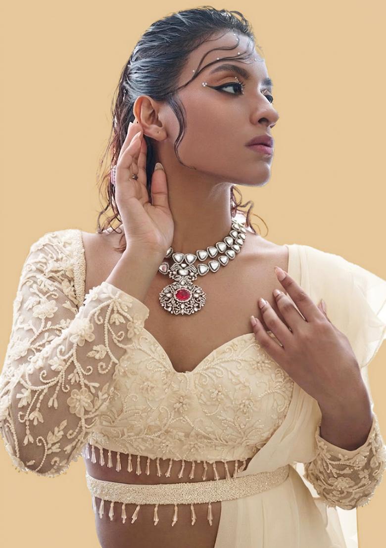 Cream Hand Work Embellished Pre Draped Saree Set - Indya