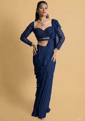 Royal Blue Hand Work Embellished Pre Draped Saree Set