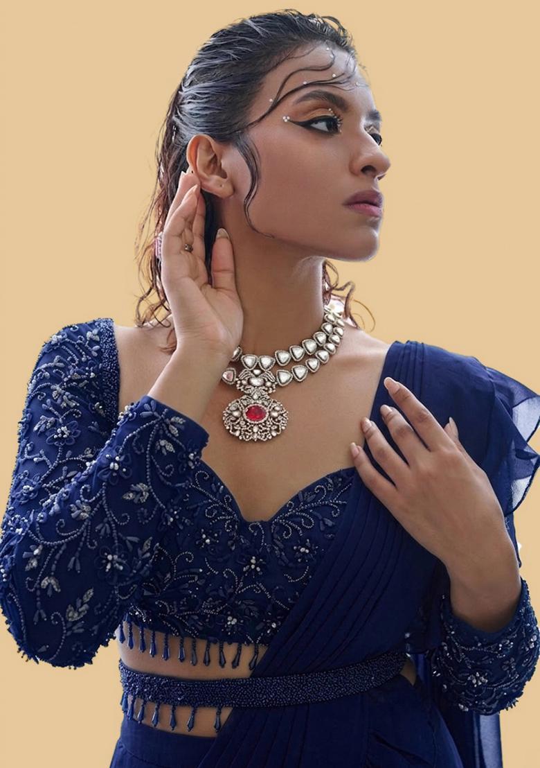 Royal Blue Hand Work Embellished Pre Draped Saree Set - Indya