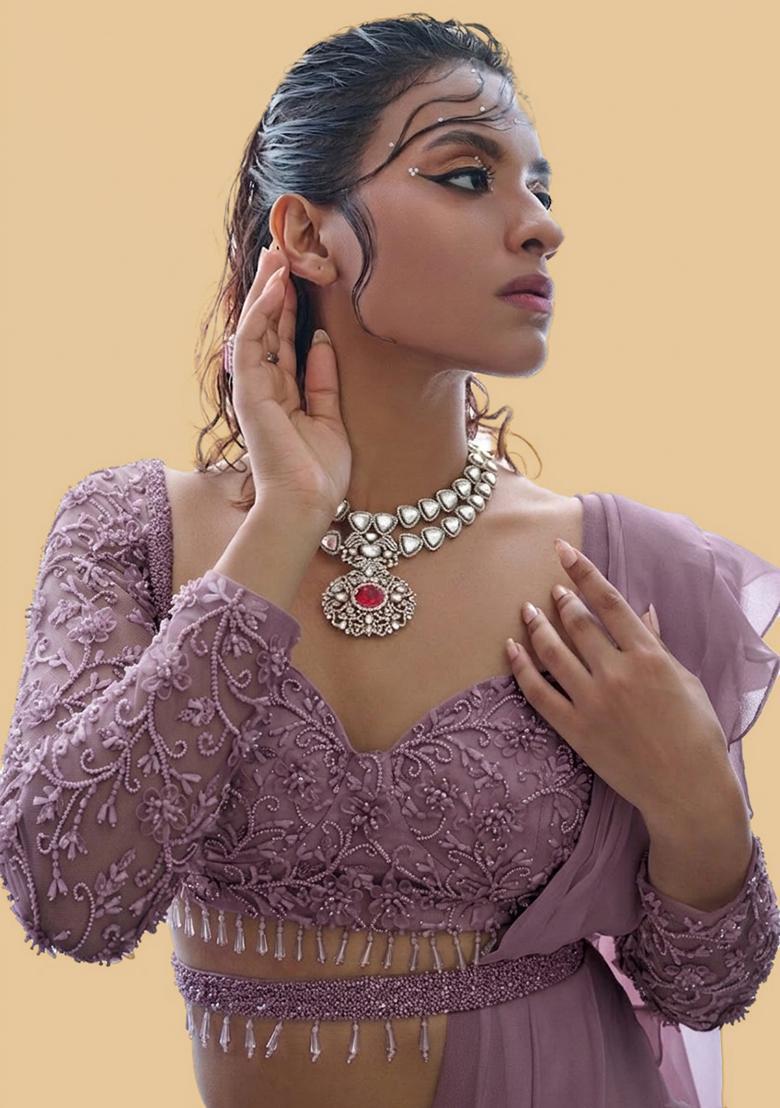 Purple Hand Work Embellished Pre Draped Saree Set - Indya