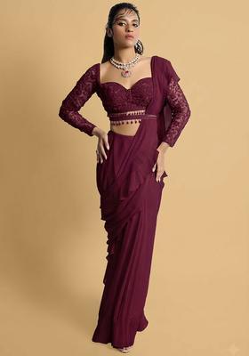 Red Hand Work Embellished Pre Draped Saree Set