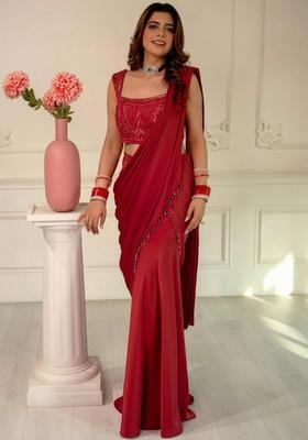 Bright Red Hand Work Sequin Pre Draped Saree Set