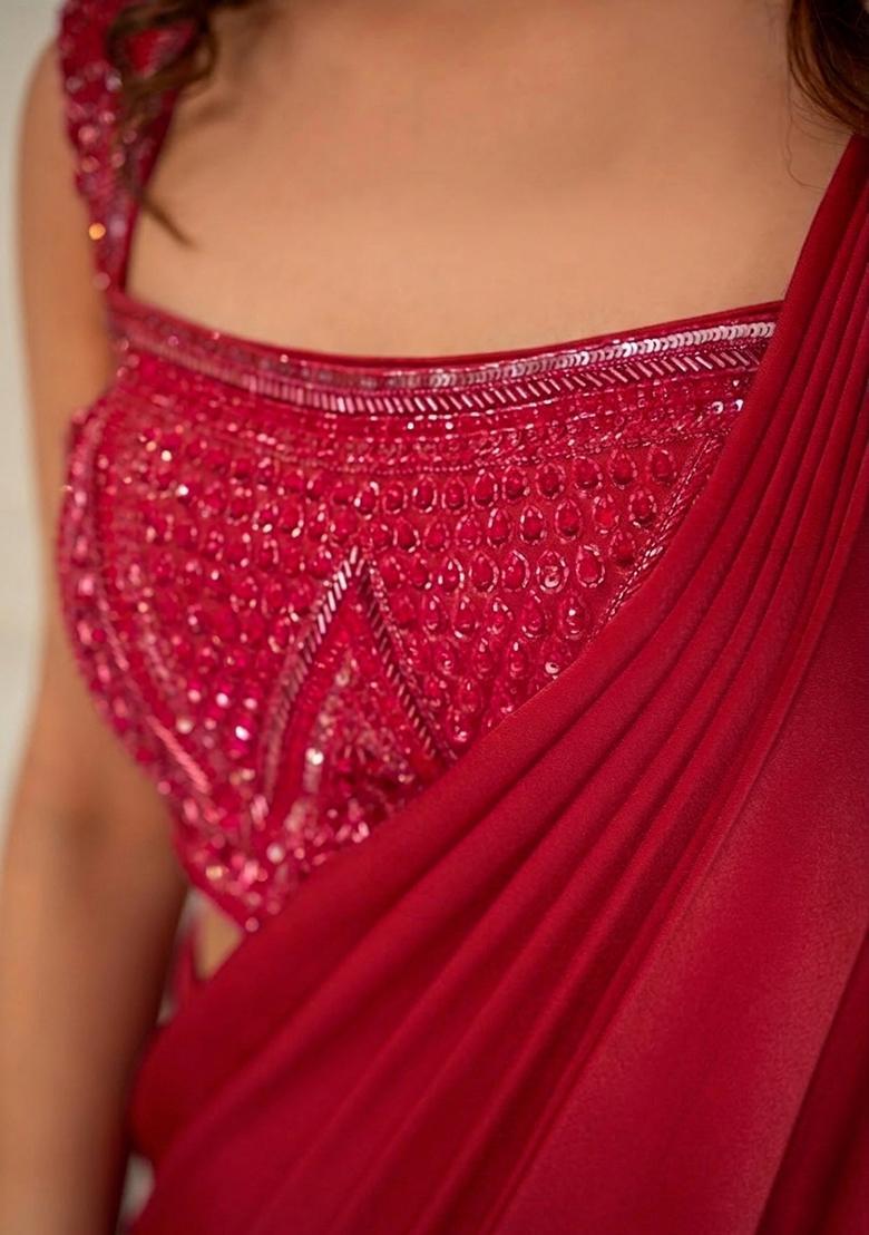 Bright Red Hand Work Sequin Pre Draped Saree Set - Indya