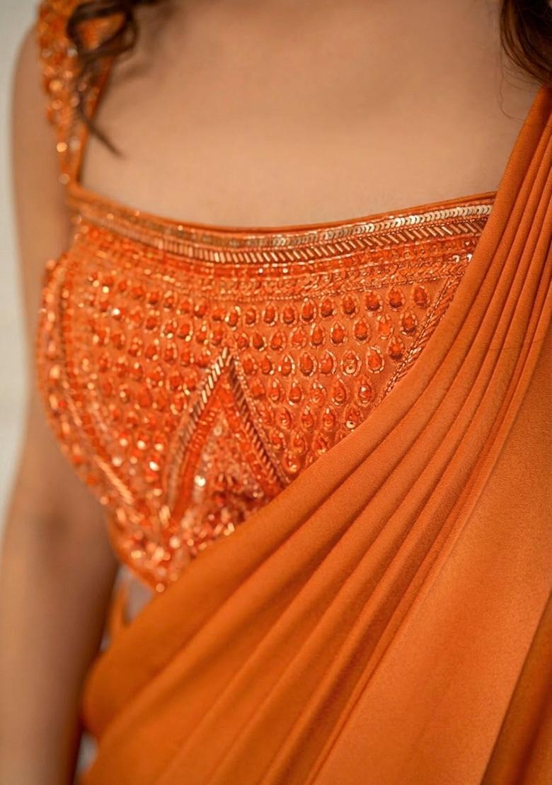 Burnt Orange Hand Work Sequin Pre Draped Saree Set - Indya