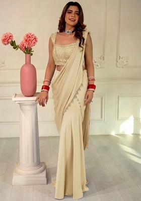 Light Green Hand Work Sequin Pre Draped Saree Set