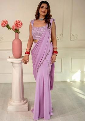 Cream Hand Work Sequin Pre Draped Saree Set