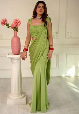 Green Hand Work Sequin Pre Draped Saree Set