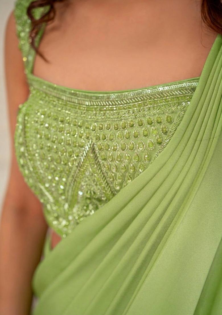 Green Hand Work Sequin Pre Draped Saree Set - Indya