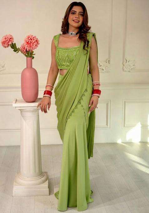Green Hand Work Sequin Pre Draped Saree Set