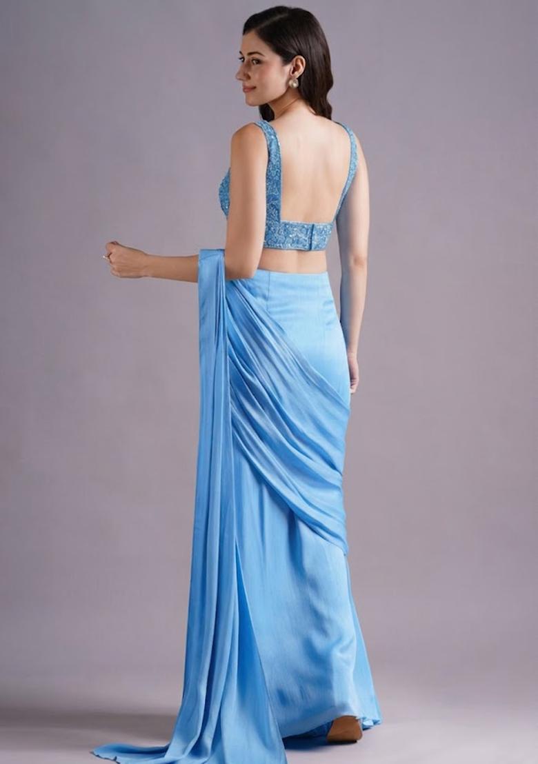 Powder Blue Hand Work Embroidered Pre Draped Saree Set - Indya