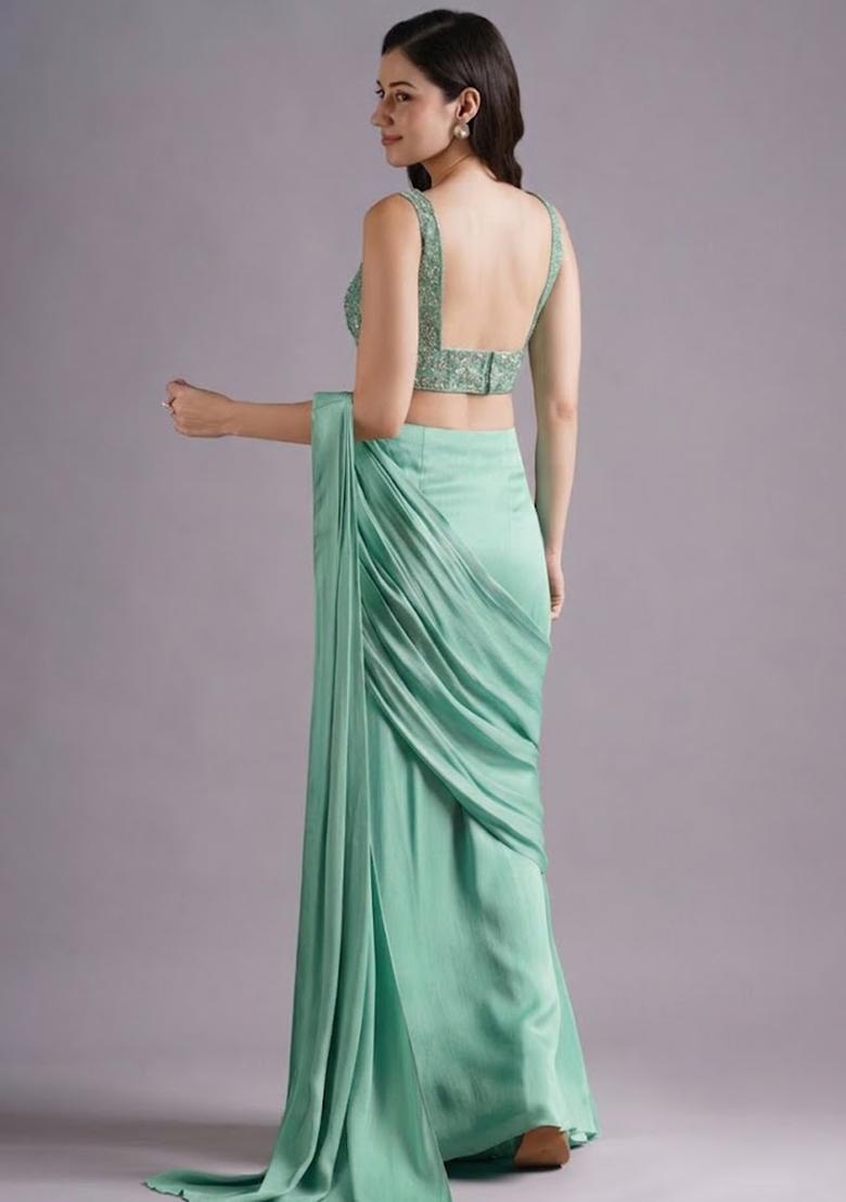 Green Hand Work Embroidered Pre Draped Saree Set - Indya