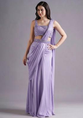 Lavender Hand Work Embroidered Pre Draped Saree Set