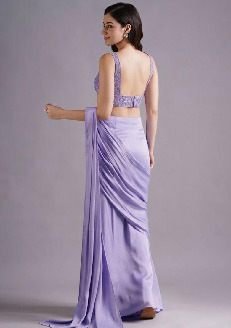 Lavender Hand Work Embroidered Pre Draped Saree Set - Indya