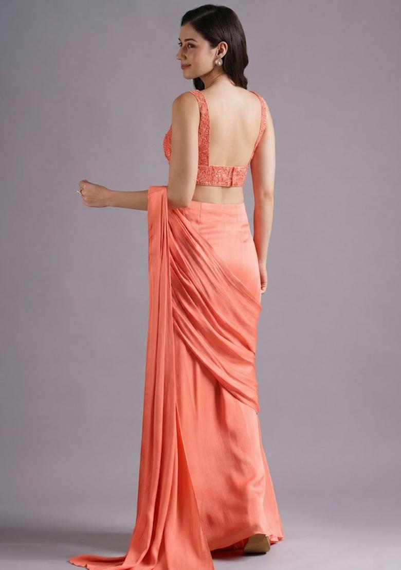 Peach Hand Work Embroidered Pre Draped Saree Set - Indya