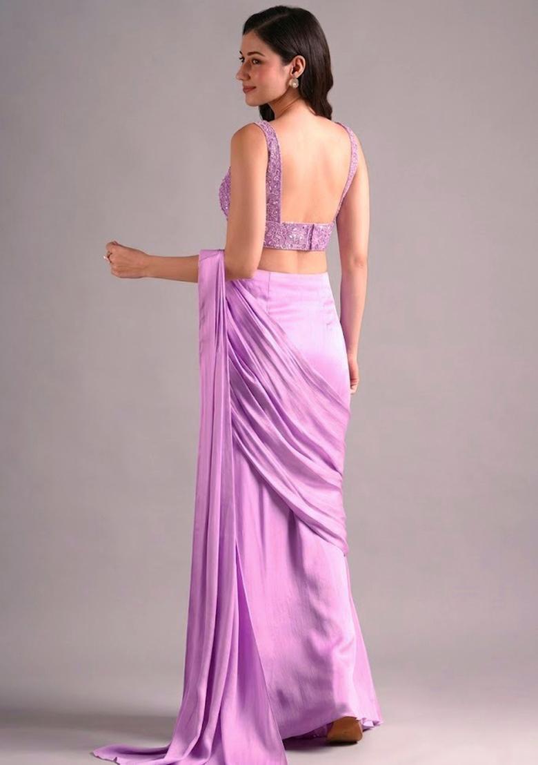 Pink Hand Work Embroidered Pre Draped Saree Set - Indya