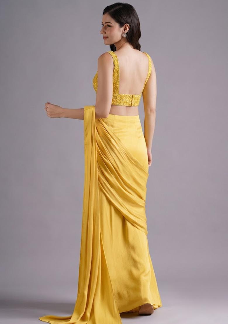 Yellow Hand Work Embroidered Pre Draped Saree Set - Indya