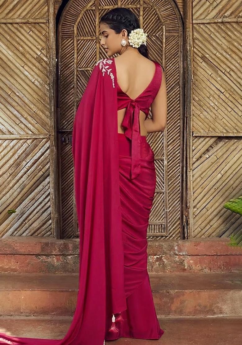 Hot Pink Hand Work Embroidered Pre Draped Saree Set - Indya