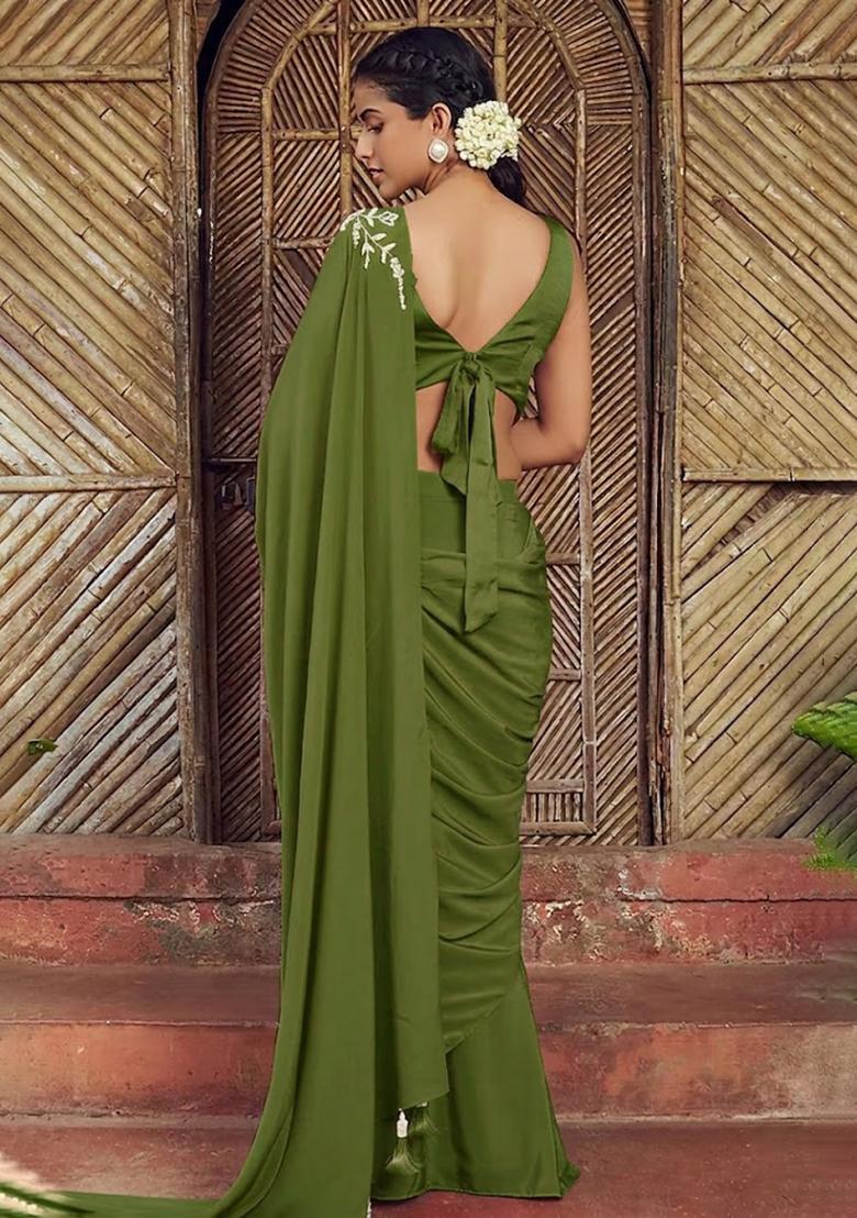 Olive Green Hand Work Embroidered Pre Draped Saree Set - Indya