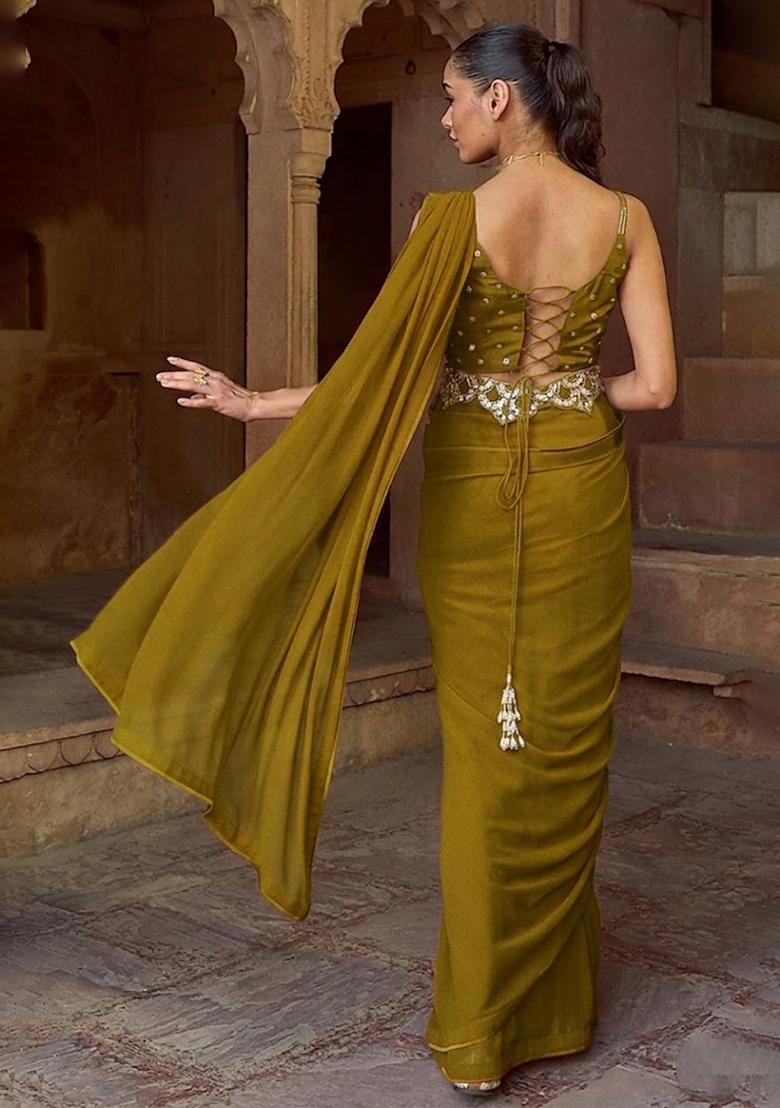 Olive Green Hand Work Embellished Pre Draped Saree Set - Indya