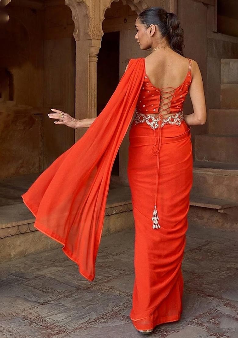 Bright Orange Hand Work Embellished Pre Draped Saree Set - Indya