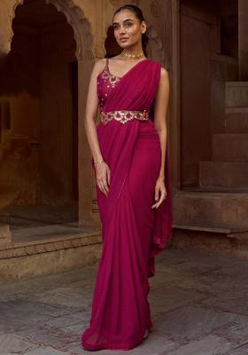 Pink Hand Work Embellished Pre Draped Saree Set